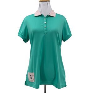 Ping Performance Golf Polo Womens M Medium Aqua Button-Tab Sleeve Striped Collar